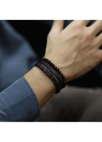 Шкіряний чоловічий браслет багатошаровий зі шкіри та каменів з коробочкою 21 см No Brand (369964998)