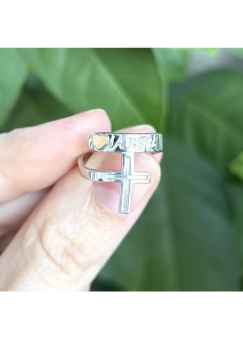 Серебряное девичье кольцо Angel 16 р с крестиком и сердечком, серебро с золотой вставкой Yuriv (394584069)
