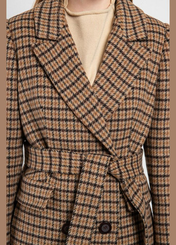 Коричневое демисезонное Пальто женское шерстяное в клетку коричневое MKCR222-2 Modna KAZKA