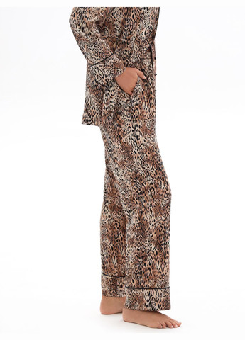Коричнева всесезон піжамний комплект сорочка з довгим рукавом та штани, принт леопард сорочка + брюки German Volf