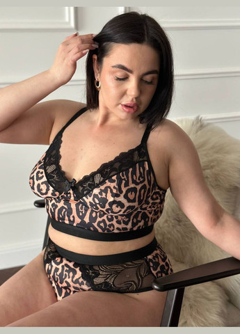 Чорний демісезонний спокусливий леопардовий комплект з мереживними вставками No Brand