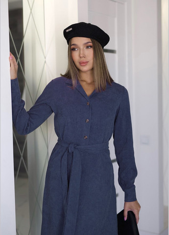 Синее деловое, праздничный, повседневный, кэжуал, джинсовое трендовое платье из микровельвета длины миди INNOE однотонное