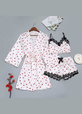 Белая всесезон комплект атласной пижамы 3в1 с сердечками амурка халат топ шортики No Brand Амур