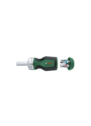 Отвертка с трещоткой, 6 бит, рукоятка TPR PZ1, PZ2, PH2, SL4, TX25, HEX5, 111 мм, сталь CrV. Bosch (381230739)