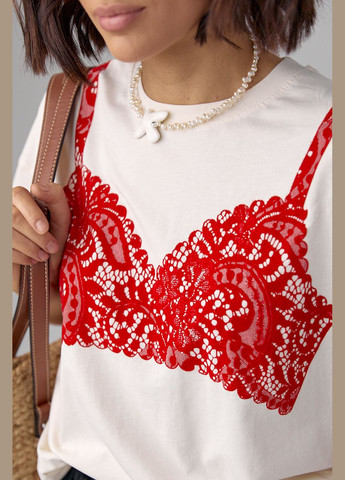 Бежевая летняя футболка oversize украшенная принтом в виде кружевного лифа - бежевый Lurex