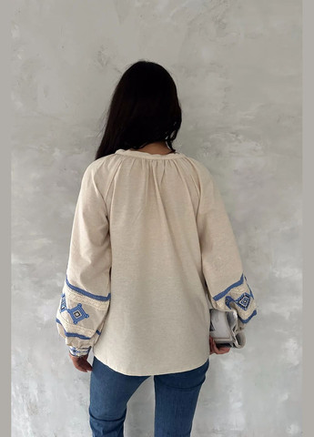 Бежевая вышитая рубашка со вставками макраме на завязках и шоколадным орнаментом. ESQ хлопок (333655305)