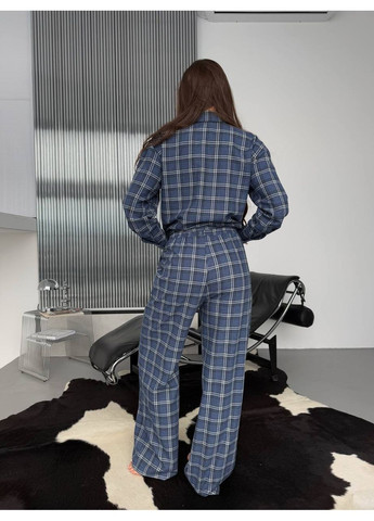 Синяя всесезон женская пижама в клетку рубашка + брюки No Brand