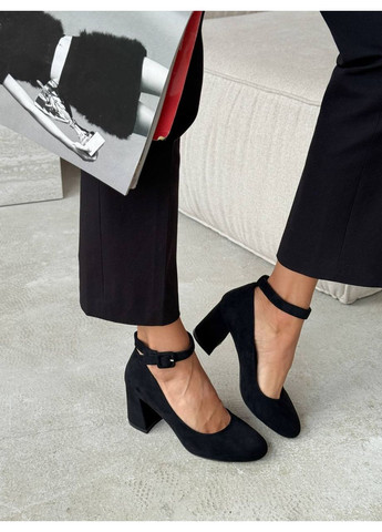 No Brand Женские чёрные туфли с ремешком на удобном каблуке черный з искусственная замша, — всесезон (356837540)