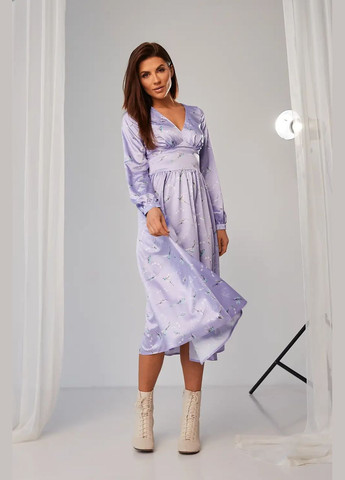 Лілова сукня жіноча шовкова міді в принт колібрі ліловий mkbs2118 Modna KAZKA