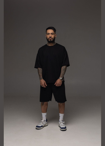 Чорний літній повсякденний базовий костюм оверсайз з шортами Vakko