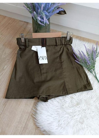 Оливковая (хаки) юбка-шорты с высокой посадкой, из смеси льна. Zara