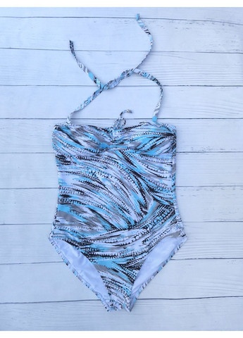 Білий літній жіночий купальник злитий абстрактний принт сірий з бірюзовим майо Debenhams