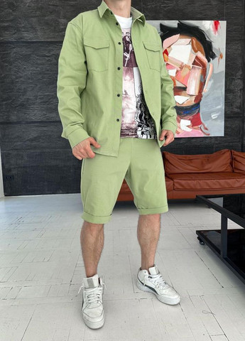 Світло-зелений демісезонний котоновий костюм чоловічий сорочка шорти No Brand