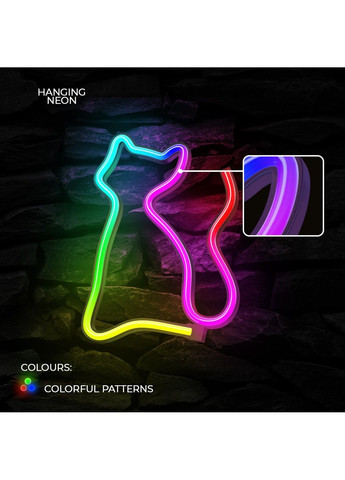 Настінний неоновий світильник "Кіт" багатоколірний RGB USB 17x23 см Smarti (371330740)