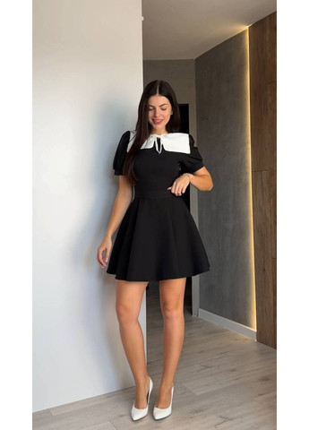 Черное классическое платье мини с воротником черного цвета 34808 клеш Fashion однотонное