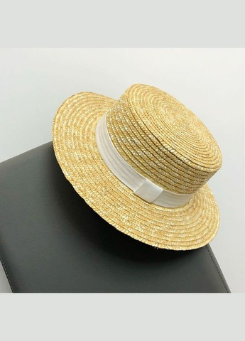 Летняя соломенная шляпка канотье с белой лентой (поля 7 см) No Brand (293943125)