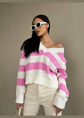 Женский свитер с V-образным вырезом цвет молочный-розовый р.42/46 432194 New Trend (285711729)