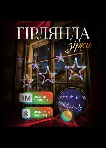Гірлянда-штора Зірки розмір 3*0,7 м 12 фігур, мультиколор GarlandoPro (316475482)