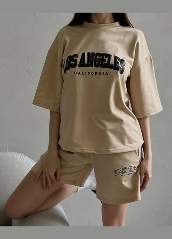 Трендовий бежевий приємний до тіла літній костюм з турецької віскози розміром 42-46, костюм 2-ка (шорти+футболка) "Los Angeles" No Brand 1443-1 (291840092)