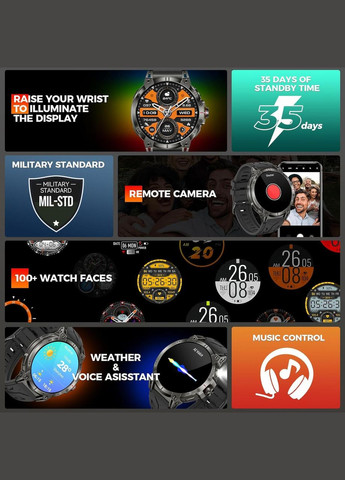 Смарт-годинник для чоловіків KC89 1.85” з LED-ліхтариком, військовий тактичний HD дисплей, дзвінки iOS Android No Brand (323147802)