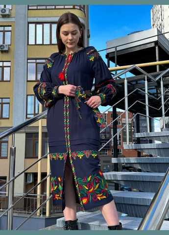 Темно-синя темно синя сукня вишита жіноча лляна петриківка MOTYV візерунок квітковий льон (340646733)
