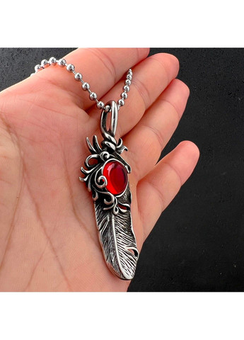 Готичний панк кулон пір'їна з червоним каменем з медичної сталі PS-097 No Brand (299340192)