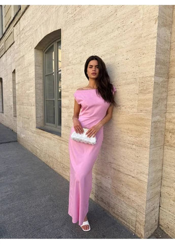 Рожева сукня максі вечірня з льону Fashion