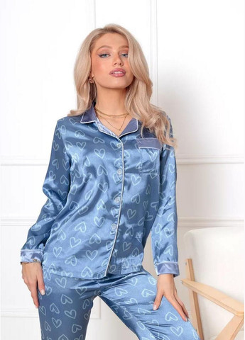 Светло-голубая всесезон женская атласная пижама с сердечками пижамный комплект двойка рубашка и брюки набор для дома с принтом сердечка рубашка + брюки Cindylove