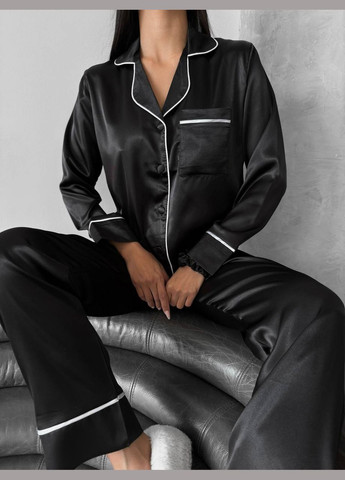 Черная всесезон пижама женская сатиновая рубашка + брюки No Brand Пижама домашняя