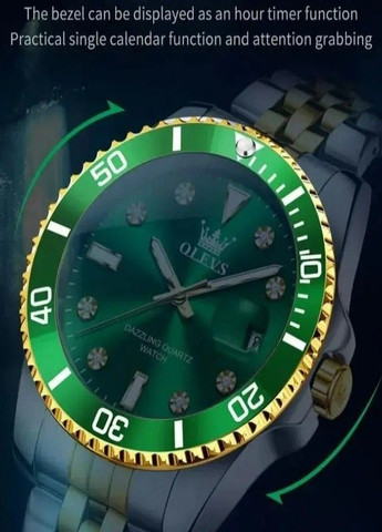 Чоловічий годинник 9809 Green Natural | Стильний класичний годинник із зеленим циферблатом і металевим ремінцем Olevs (354820491)