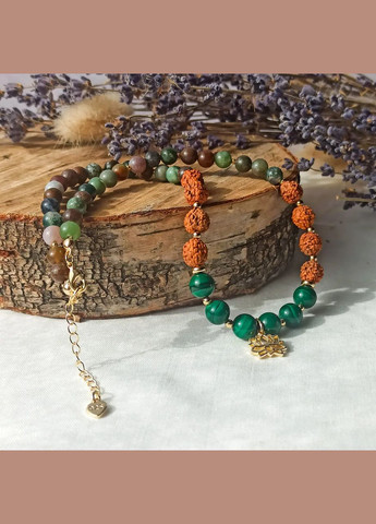 Чокер природный камень Малахит, Рудракша, Индийский Агат, фур-ра гип-ный сплав цвет золото d-8-6мм+- L-40-45см No Brand агат, малахит латунь золото (301535126)