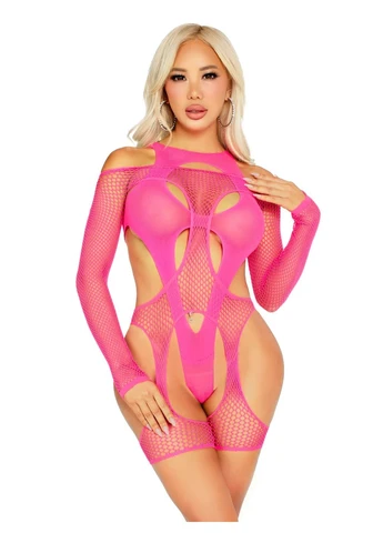 Рожевий демісезонний комплект fishnet garter harness and teddy neon pink Leg Avenue
