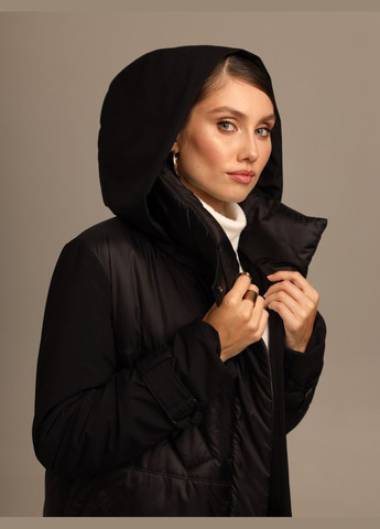 Черный демисезонный Плащ женский с капюшоном длинный зимний черный Marshal Wolf MKMM-23 Modna KAZKA