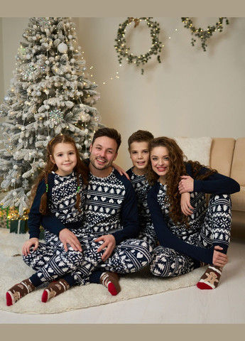 Темно-синя зимня піжама дитяча для хлопчика з різдвяним принтом в синьому кольорі, комплект піжамний дитячий, family look кофта + брюки Tom John