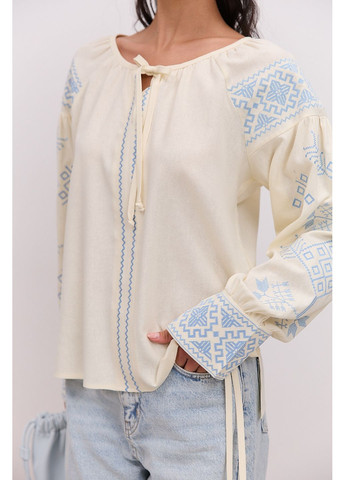 Світло-бежева жіноча вишиванка молочна з бежевою геометрією гладдю і завязками на манжетах Arjen льон (353305970)