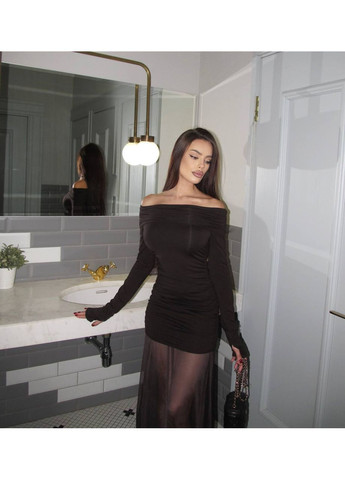 Коричневое праздничный, вечернее, кэжуал женское платье с юбкой а-силуэт Style Point однотонное