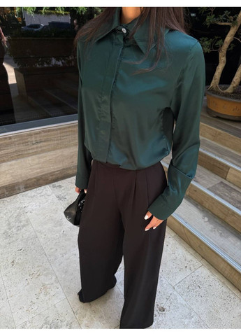 Изумрудная повседневный, классическая рубашка однотонная No Brand с длинным рукавом