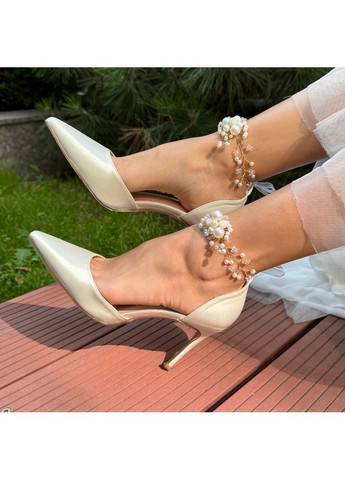 No Brand Жіночі туфлі весільні атласні та брошкою перли та ремінцем 9 см білий з текстиль, — (351394538)