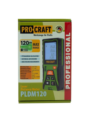 Лазерний далекомір PLDM120 | 120 м | зелений лазер ±2 мм | підсвітка | пам'ять | IP20 | чохол ProCraft (372296099)
