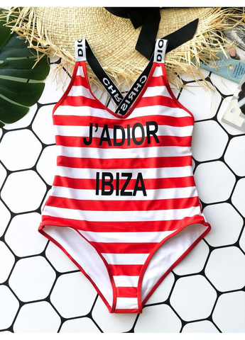 Комбинированный летний женский сплошной купальник в полоску jadior / женский полосатый красный купальник с надписью No Brand