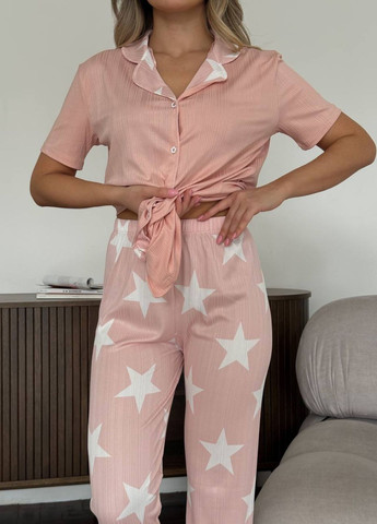 Персикова всесезон вишукана домашня піжама з зірочками в рубчик: сорочка на гудзиках з коротким рукавом + штани сорочка + брюки Tik-Tak