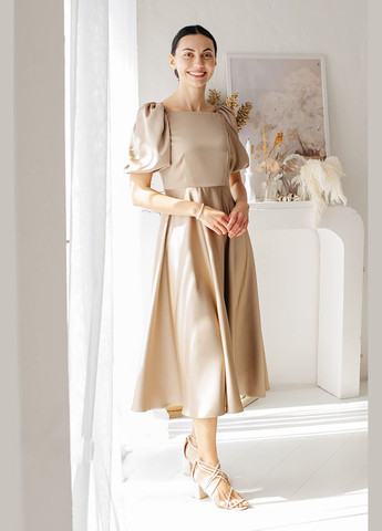 Коричнева жіноча сукня “caramel flow” з обʼємними рукавами Lana Bryk однотонна