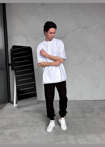 Чорно-білий літній костюм оверсайз штани + футболка з чорними швами брючний Vakko