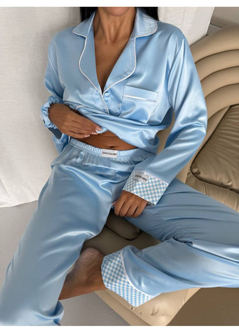 Блакитна всесезон жіноча піжама блакитна з окантовкою сорочка + брюки Vital-Textile 1291