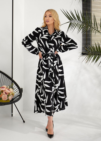 Черное повседневный, кэжуал, вечернее платье-рубашка с длинными рукавами рубашка No Brand с абстрактным узором