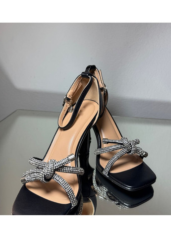Черные женские босоножки кожаные вечерние с бантами и камнями 9 см No Brand с бантом