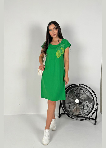 Зеленое повседневный, кэжуал очаровательное изящное льняное платье с вышивкой INNOE однотонное