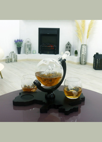 Набір "Україна" для віскі скляний глобус та 2 склянки на дерев'яній підставці - Подарунок для чоловіка (GP240028) Гранд Презент (302254511)