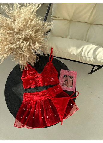 Красный балконет комплект женского белья | с прозрачной юбочкой Vital-Textile без косточек полиэстер, эластан