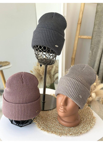 Женская шапка с невысокой лопаткой вязаная. Женская шапка с двойным отворотом универсального размера JK (362146214)